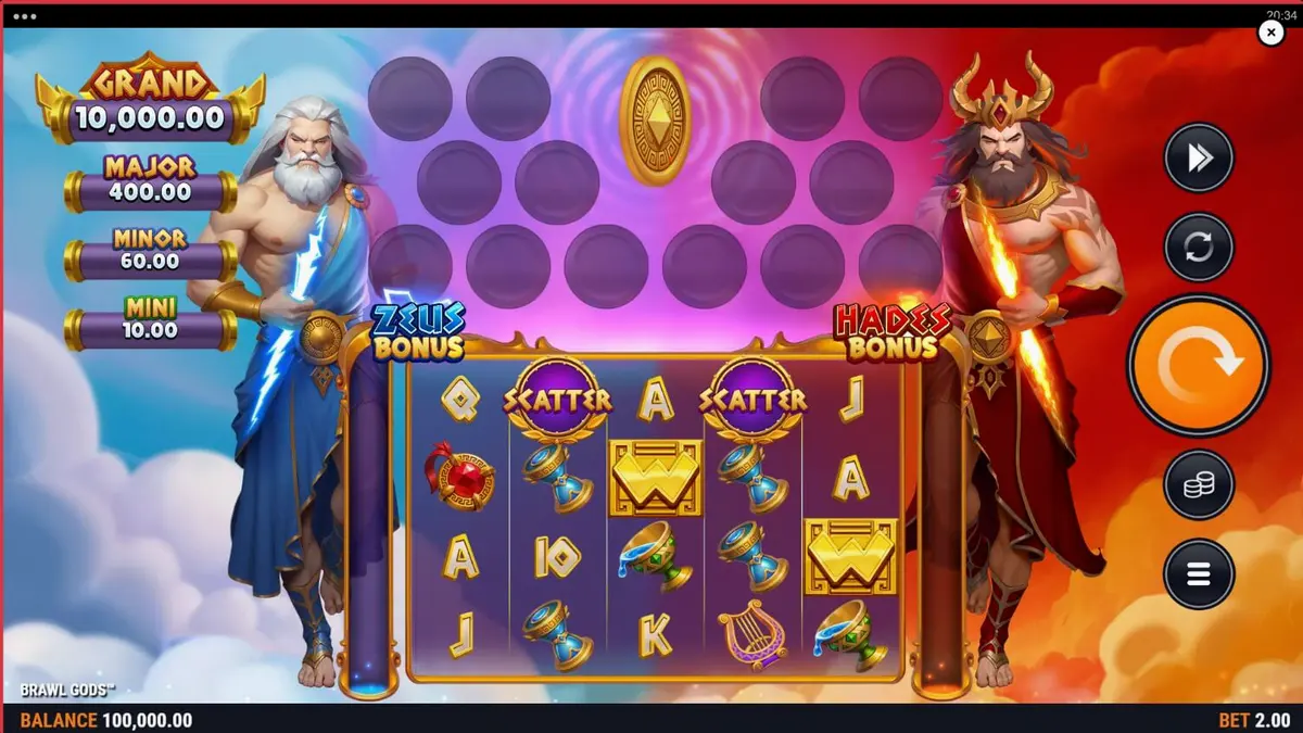 Tampilan visual slot Brawl Gods dengan desain layar terbagi antara Zeus dan Hades